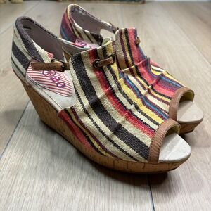 80%20 Striped Fabric Cork Wedge Sandals Peep Toe Boho Sz 9 Anthropologie NEW
